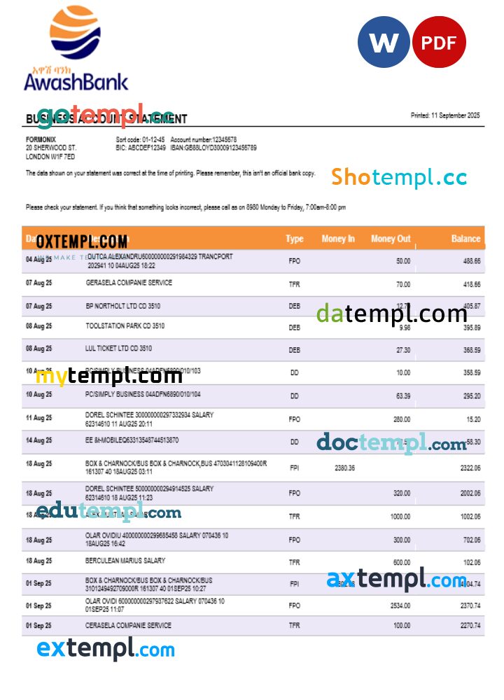 Awash Bank firm account statement Word and PDF template