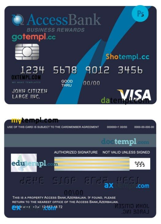 Azerbaijan Access bank visa business rewards card template in PSD format