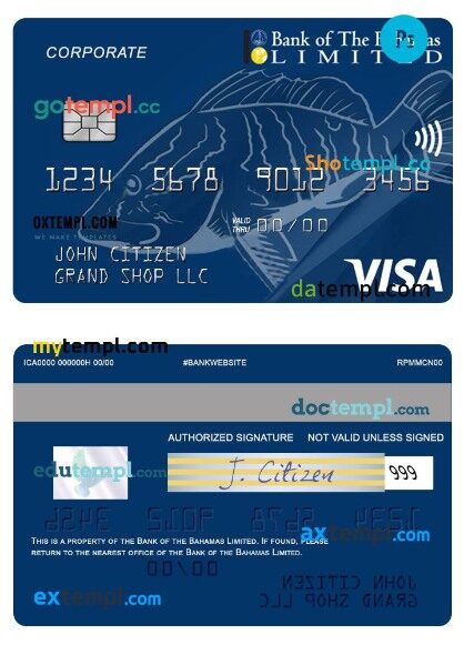 Bahamas Bank of Bahamas Prepaid US Dollar Visa Corporate Card template in PSD format