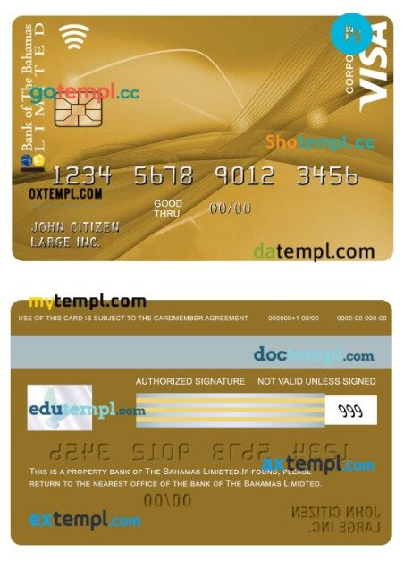 Bahamas Bank of Bahamas VISA Gold Corporate Card template in PSD format