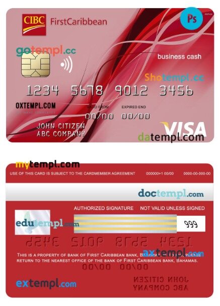 Bahamas First Caribbean bank business cash visa debit template in PSD format