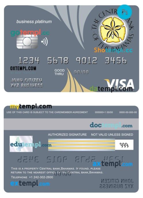 Bahamas The Central bank visa business platinum card template in PSD format