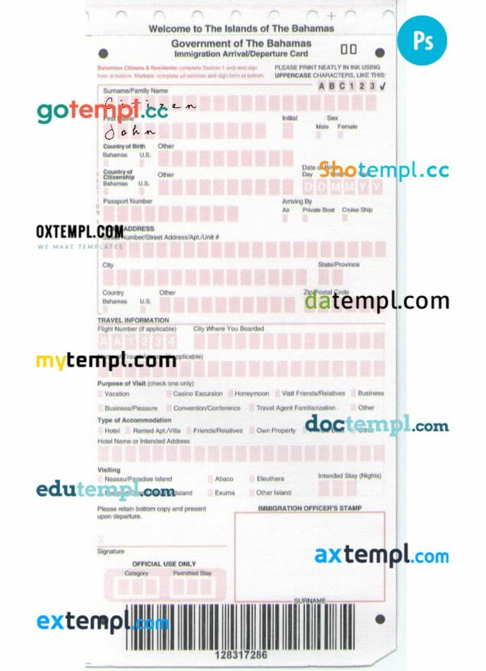 Bahamas arrival departure card template in PSD format