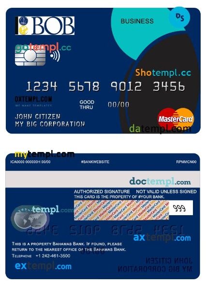 Bahamas bank of the Bahamas business mastercard template in PSD format