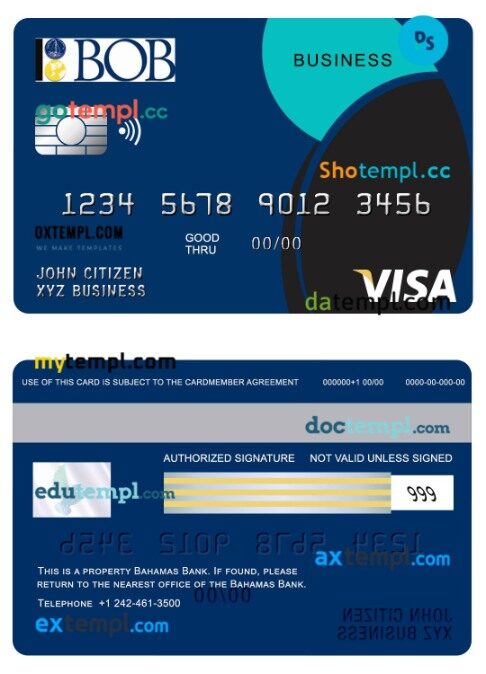 Bahamas bank of the Bahamas visa business card template in PSD format