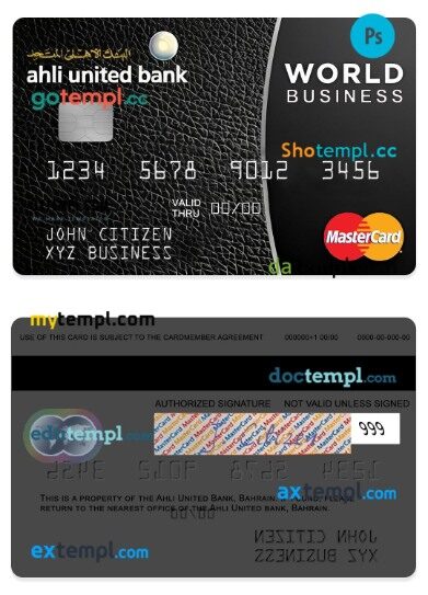 Bahrain Ahli United bank world business mastercard template in PSD format