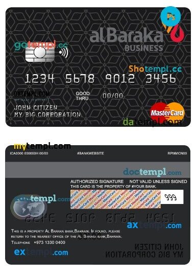 Bahrain Al Baraka bank business mastercard template in PSD format