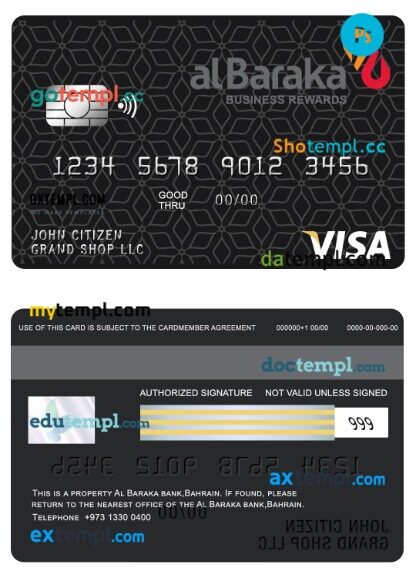 Bahrain Al Baraka bank business rewards visa card template in PSD format
