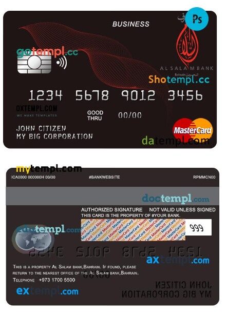 Bahrain Al Salam bank business mastercard template in PSD format
