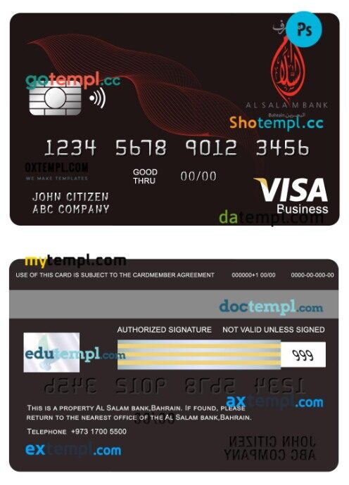 Bahrain Al Salam bank visa business card template in PSD format