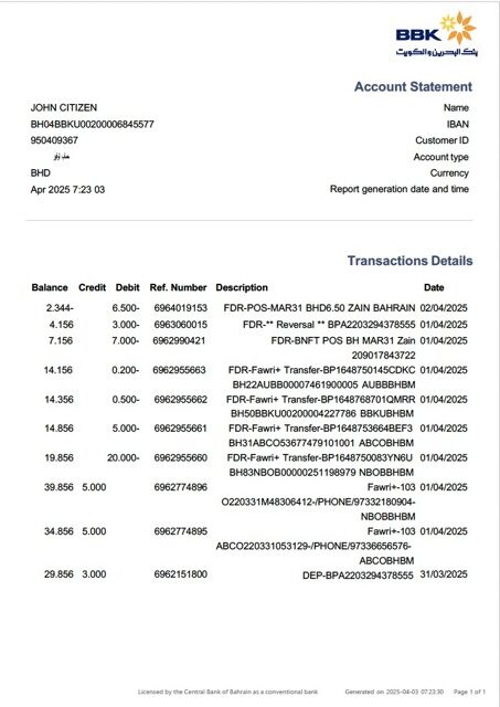 Bahrain Bank of Bahrain and Kuwait (BBT) account statement Word and PDF template