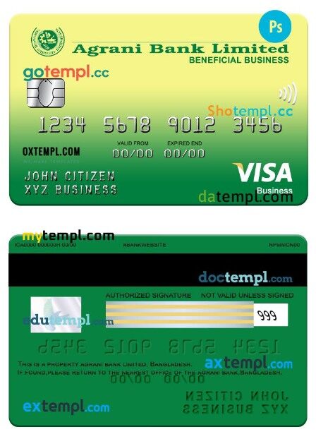 Bangladesh Agrani bank Beneficial business visa card template in PSD format