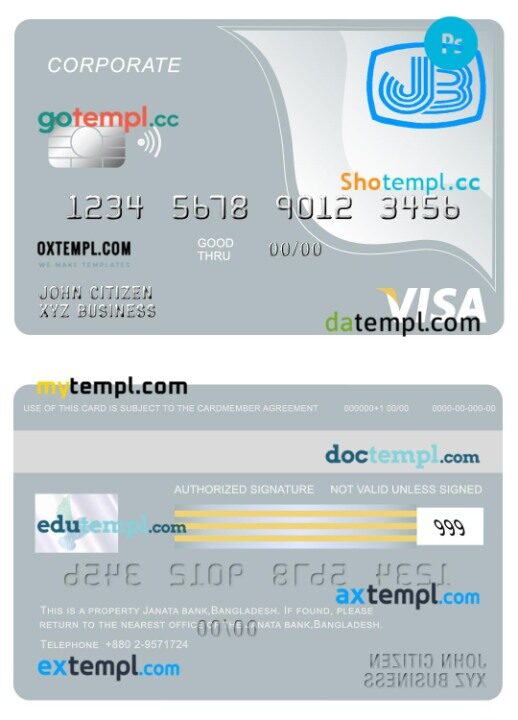 Bangladesh Janata bank visa corporate card template in PSD format