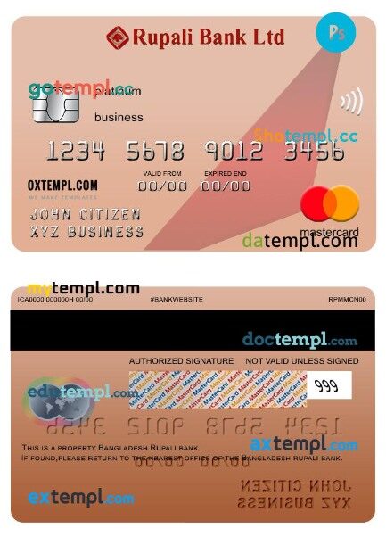 Bangladesh Rupali bank business platinum mastercard template in PSD format