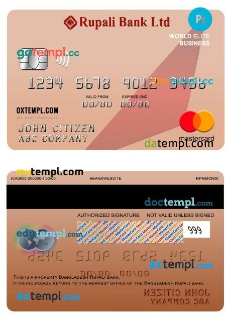 Bangladesh Rupali bank world elite business mastercard template in PSD format