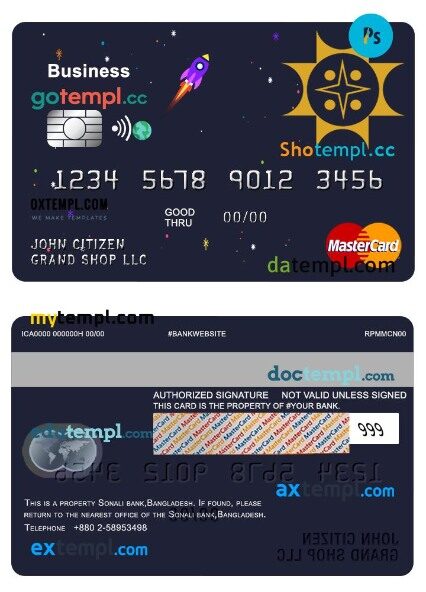 Bangladesh Sonali Bank business mastercard template in PSD format
