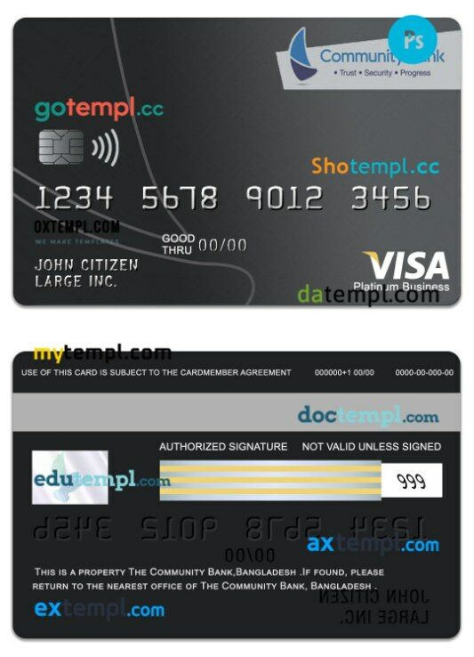 Bangladesh The Community Bank visa platinum business card template in PSD format