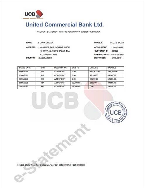 Bangladesh United Commercial Bank account statement Word and PDF template