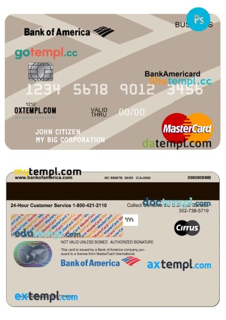 Bank of America business mastercard template in PSD format