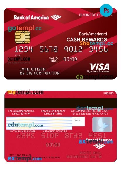 Bank of America visa signature business premier card template in PSD format