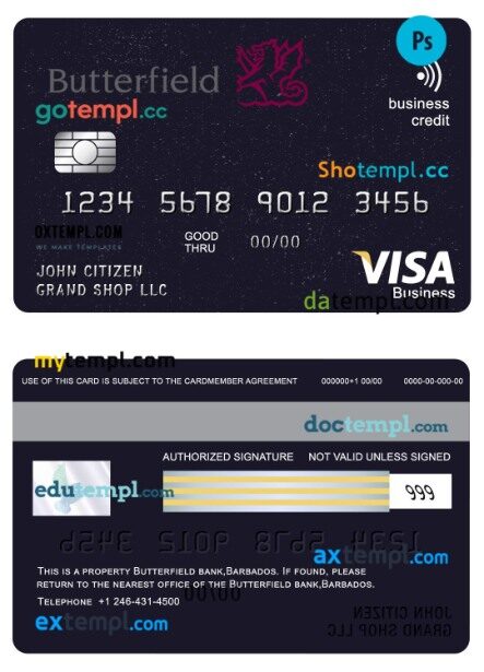 Barbados Butterfield bank business visa credit card template in PSD format