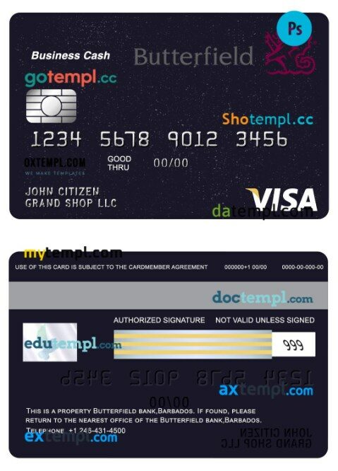 Barbados Butterfield bank visa Business cash card template in PSD format