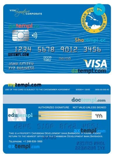 Barbados Caribbean Development Bank corporate visa signature card template in PSD format