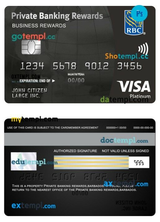Barbados Private Banking business Rewards visa platinum black card template in PSD format