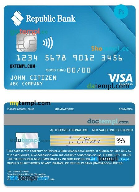 Barbados Republic bank visa business card template in PSD format