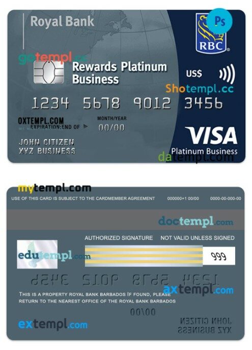 Barbados Royal Bank visa business platinum credit card template in PSD format