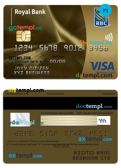 Barbados Royal bank visa business gold card template in PSD format