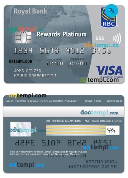 Barbados Royal bank visa business platinum card template in PSD format