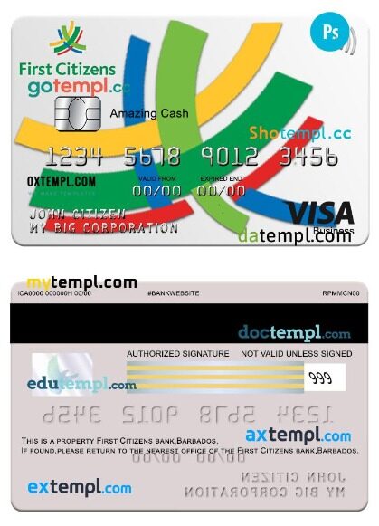Barbados First Citizens bank visa business card template in PSD format