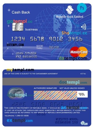 Barbados Republic Bank Cash Back business mastercard template in PSD format