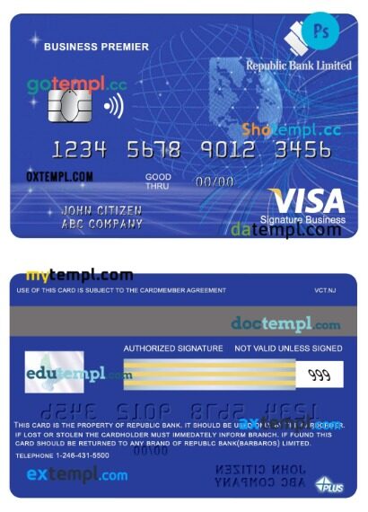Barbados Republic Bank business premier visa signature card template in PSD format