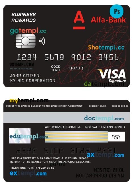 Belarus Alfa bank business rewards visa signature card template in PSD format