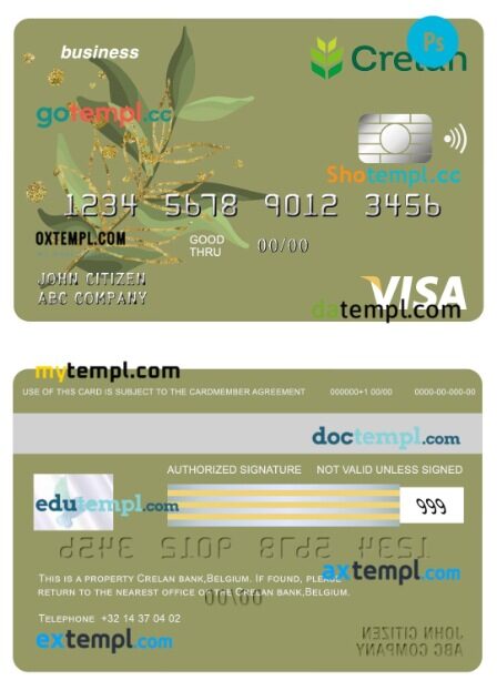 Belgium Crelan bank visa business card template in PSD format