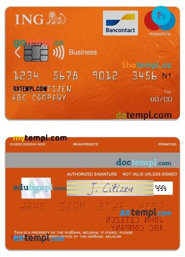 Belgium ING Bank maestro business card template in PSD format