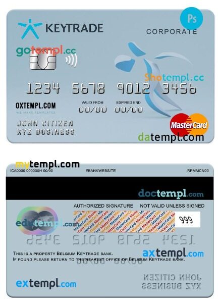 Belgium Keytrade bank corporate mastercard template in PSD format
