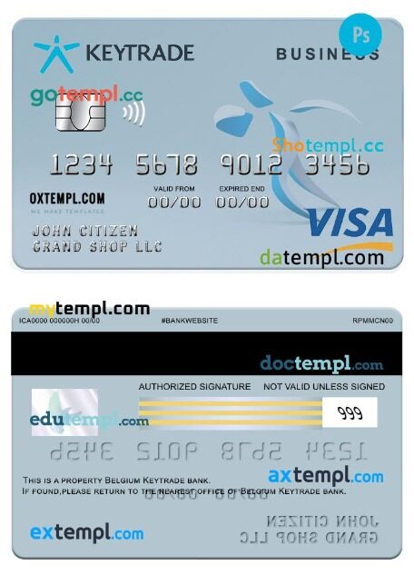 Belgium Keytrade bank visa business card template in PSD format
