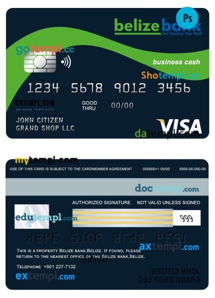 Belize Belizebank business cash visa card template in PSD format