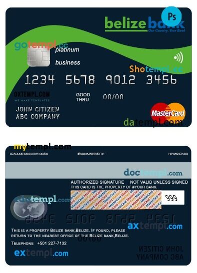 Belize Belizebank platinum business mastercard template in PSD format