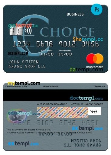 Belize Choice bank business mastercard template in PSD format