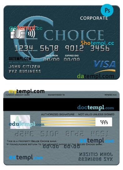 Belize Choice bank visa corporate card template in PSD format