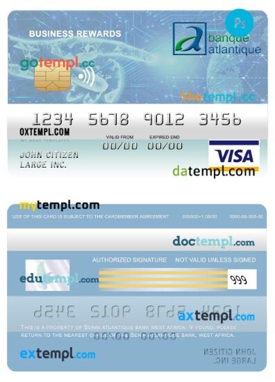 Benin Atlantique bank business rewards visa card template in PSD format