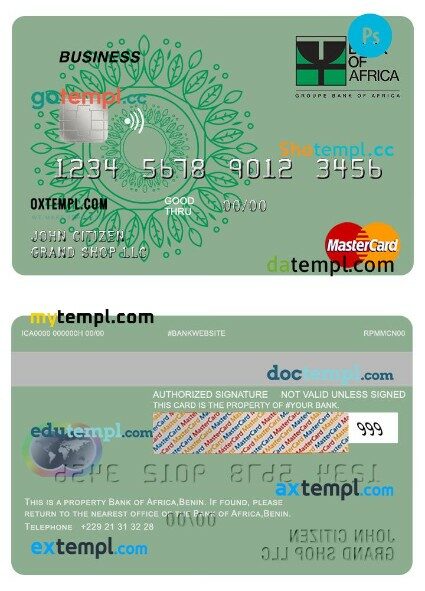 Benin Bank of Africa business mastercard template in PSD format