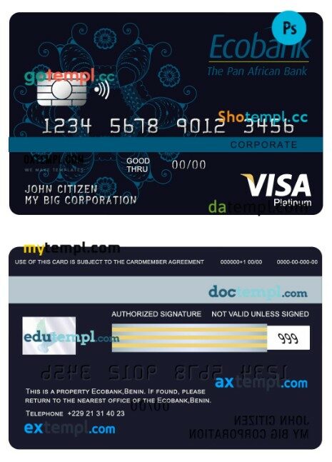 Benin Ecobank corporate visa platinum card template in PSD format