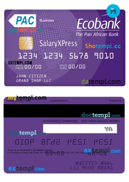 Benin Ecobank salaryxpress business visa card template in PSD format