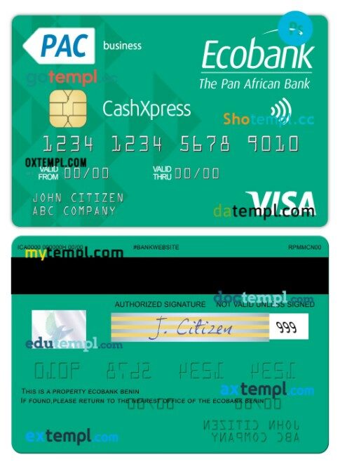 Benin Ecobank visa cashxpress business card template in PSD format