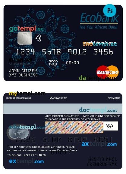 Benin Ecobank world business mastercard template in PSD format